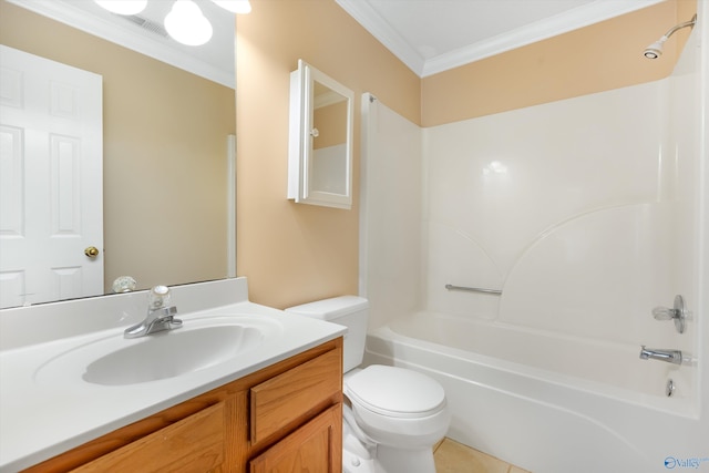 full bathroom with tile patterned floors, toilet, shower / bathtub combination, ornamental molding, and vanity