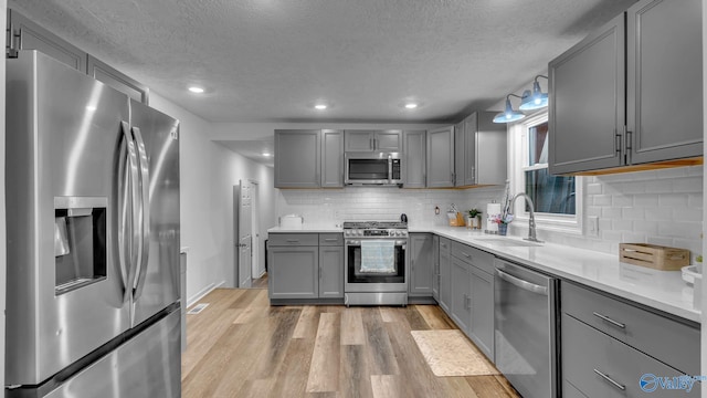 111 Althea St, Gadsden, AL 35904 - kitchen with appliances with stainless steel finishes, gray cabinets, a sink, light wood-style flooring, and a textured ceiling