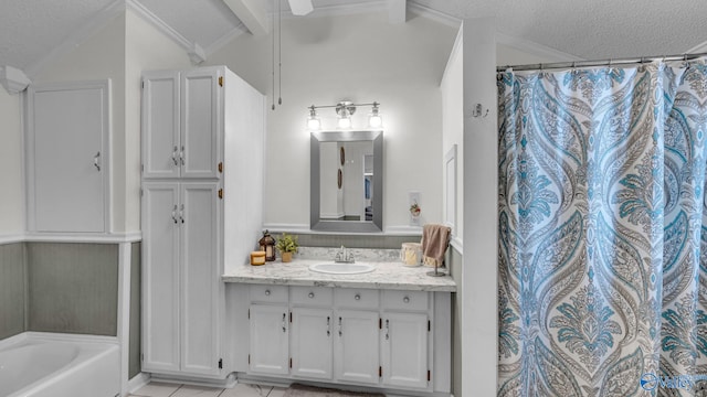 111 Althea St, Gadsden, AL 35904 - bathroom featuring vaulted ceiling, vanity, a textured ceiling, a tub, and curtained shower