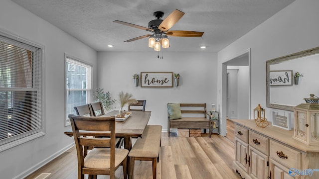 111 Althea St, Gadsden, AL 35904 - dining space with ceiling fan, light wood-type flooring, baseboards, a textured ceiling, and recessed lighting