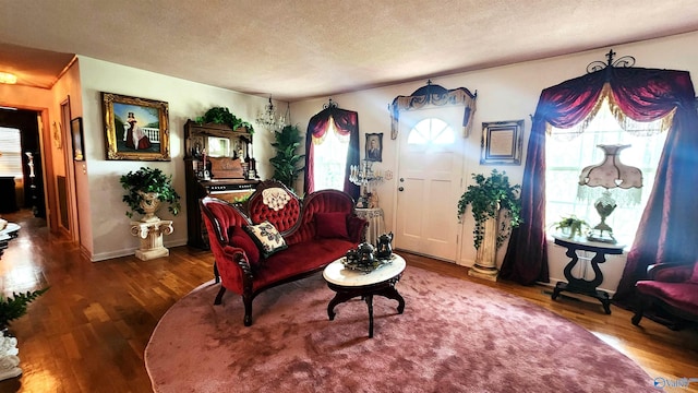 living room featuring a textured ceiling and hardwood / wood-style flooring