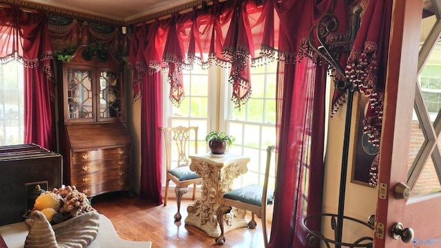 living area with hardwood / wood-style floors, plenty of natural light, and crown molding