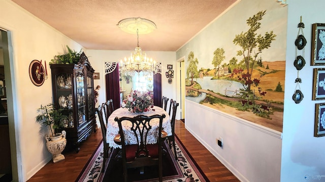 dining room with crown molding, dark wood-type flooring, a textured ceiling, and a notable chandelier