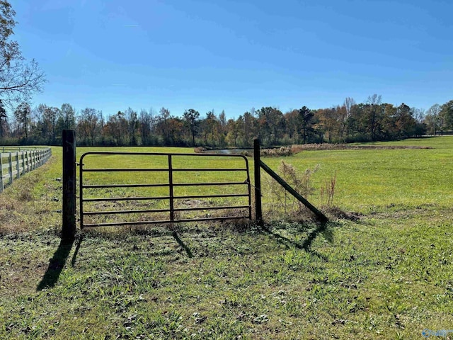 view of gate with a yard and a rural view