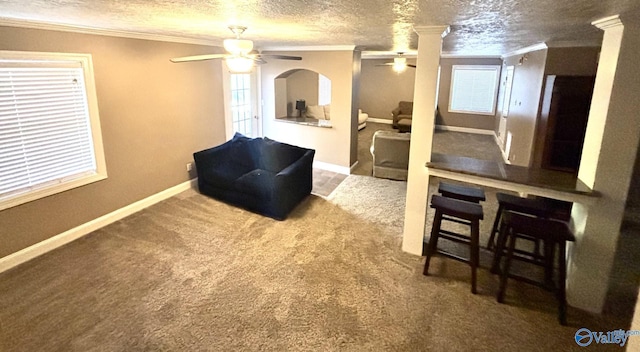 living room featuring carpet, a textured ceiling, decorative columns, and ornamental molding