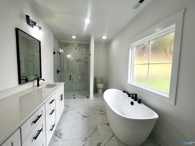 full bathroom featuring vanity, independent shower and bath, ornamental molding, and toilet