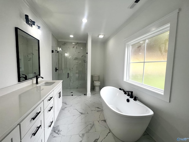 1921 Patterson St, Guntersville, AL 35976 - full bath with marble finish flooring, a marble finish shower, vanity, a freestanding tub, and recessed lighting