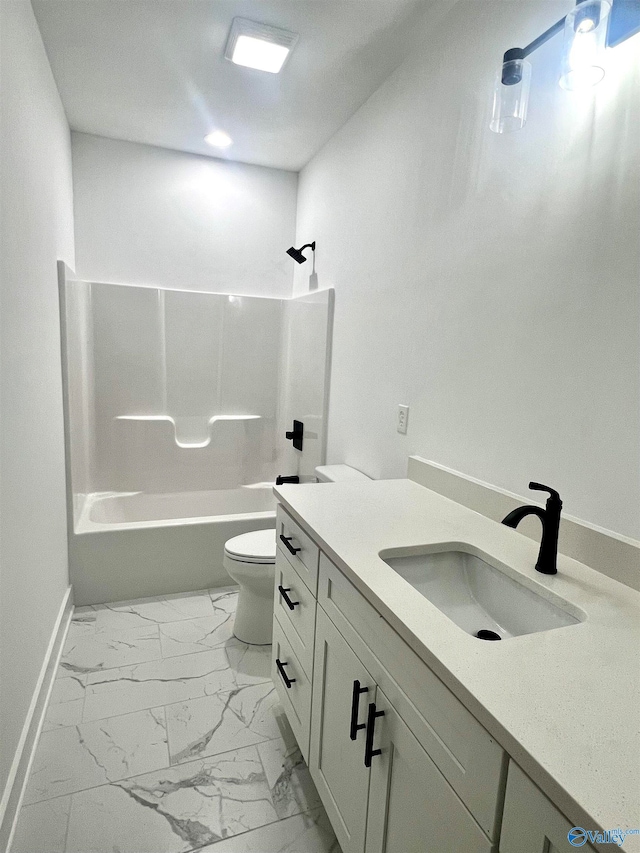 full bathroom featuring toilet, vanity, and  shower combination