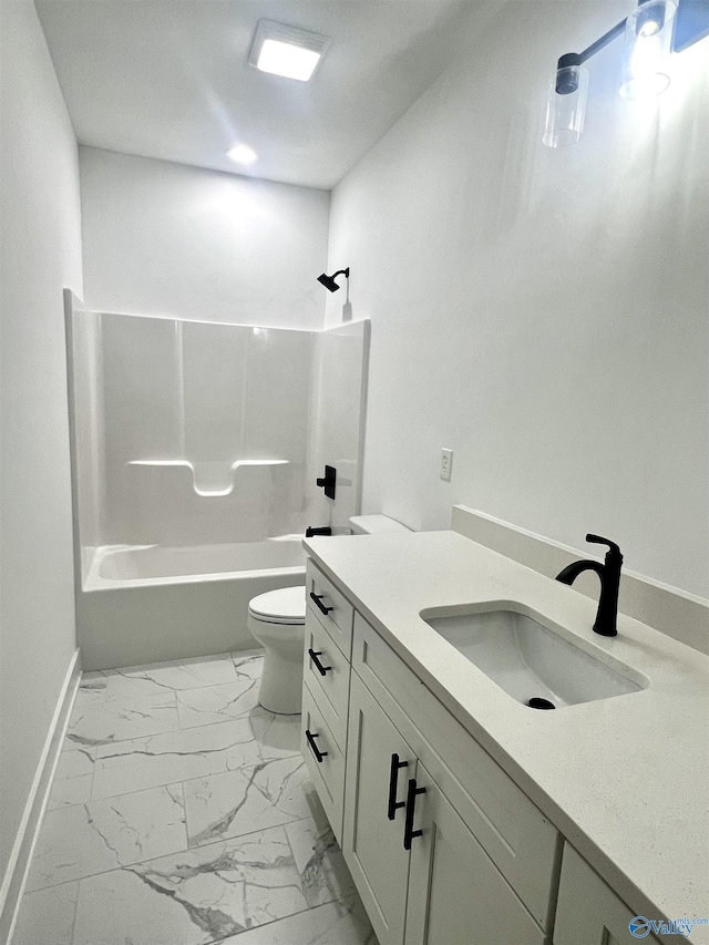 1921 Patterson St, Guntersville, AL 35976 - full bathroom with toilet, vanity, shower / tub combination, baseboards, and marble finish flooring