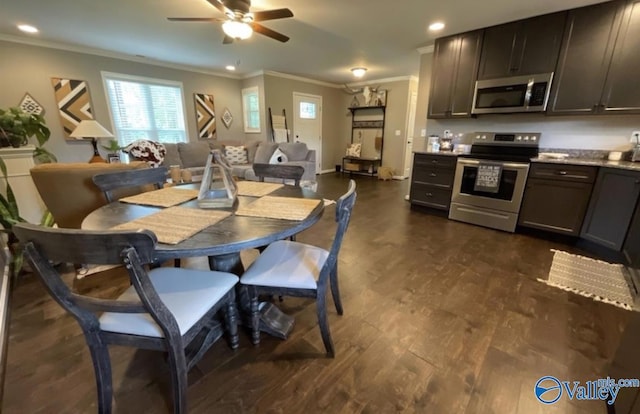 dining room featuring dark wood-style floors, recessed lighting, crown molding, and a ceiling fan