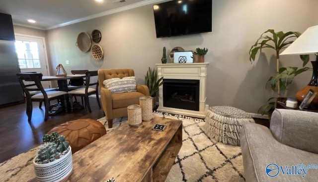 living room featuring ornamental molding, recessed lighting, and a fireplace