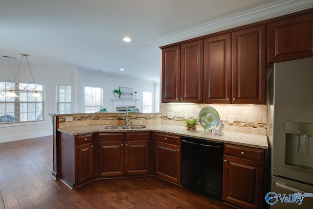 kitchen with a sink, black dishwasher, ornamental molding, stainless steel refrigerator with ice dispenser, and decorative backsplash