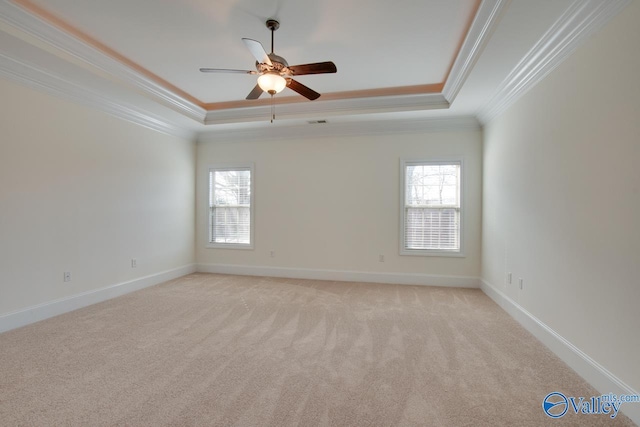 spare room featuring a wealth of natural light, a tray ceiling, light carpet, and ornamental molding