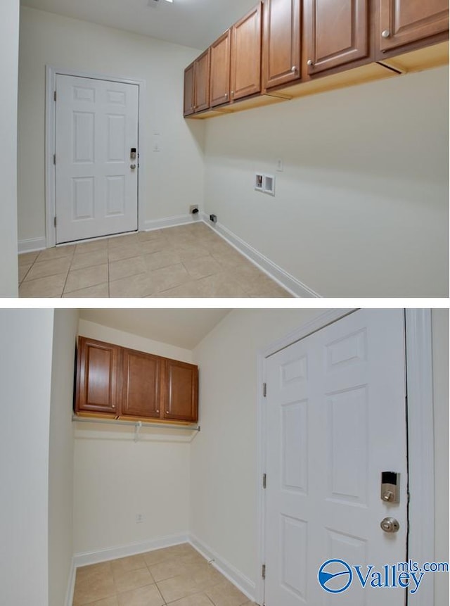 laundry room with washer hookup, cabinet space, baseboards, and light tile patterned floors