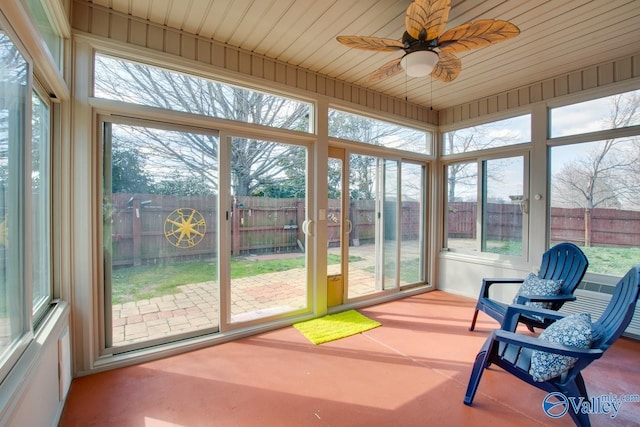 sunroom / solarium with wood ceiling and ceiling fan