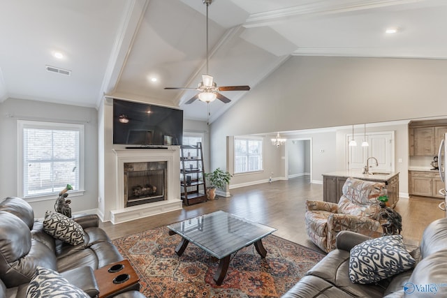 living room featuring ceiling fan, high vaulted ceiling, sink, and dark hardwood / wood-style flooring