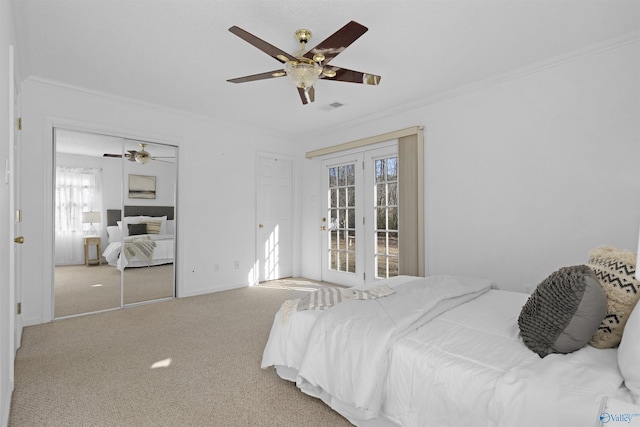 bedroom featuring ceiling fan, light colored carpet, multiple windows, and ornamental molding