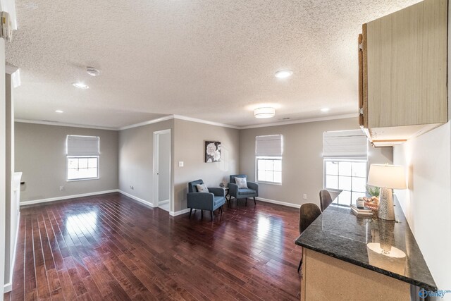 interior space featuring a textured ceiling, ornamental molding, dark wood finished floors, and a healthy amount of sunlight