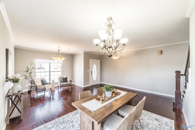 dining room featuring dark wood-type flooring, baseboards, and stairs