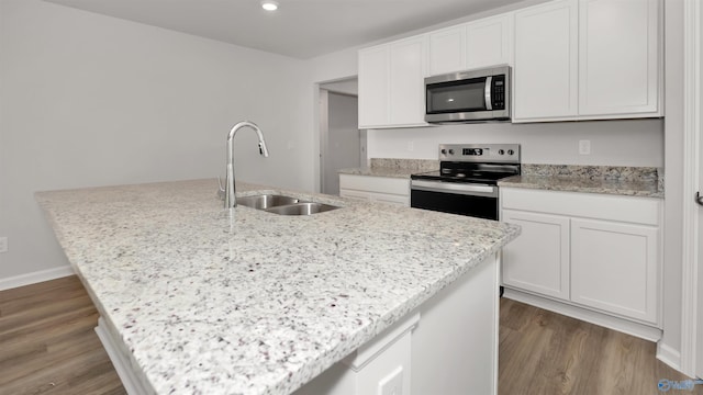 kitchen with stainless steel appliances, sink, and a kitchen island with sink