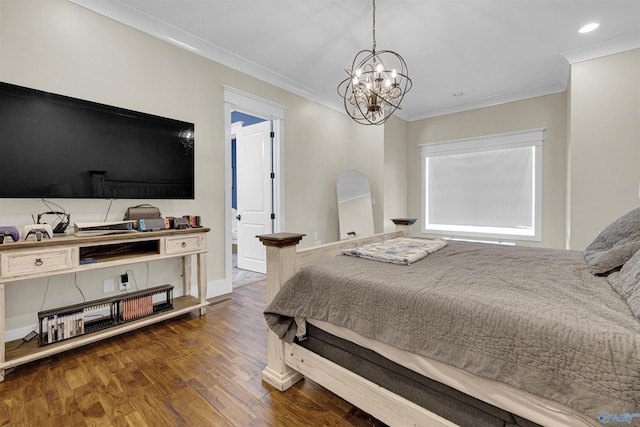 bedroom with dark wood-type flooring, a chandelier, and crown molding