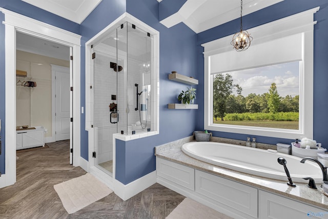 bathroom with parquet flooring and separate shower and tub