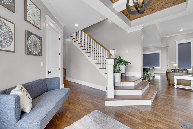 foyer featuring crown molding, dark wood-type flooring, and a raised ceiling