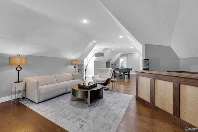 living room featuring vaulted ceiling, billiards, and hardwood / wood-style floors