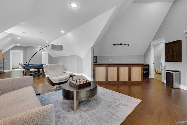 living room with pool table, hardwood / wood-style floors, and lofted ceiling