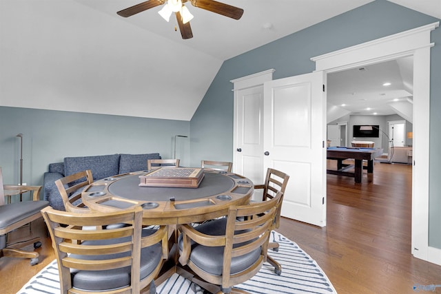 dining space featuring ceiling fan, pool table, dark hardwood / wood-style flooring, and lofted ceiling