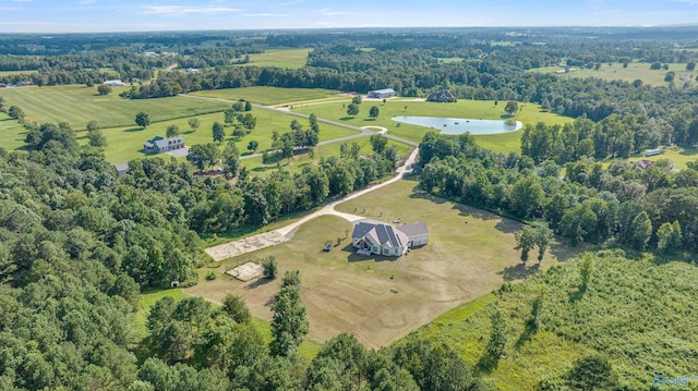 bird's eye view featuring a rural view and a water view