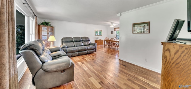 living room with ornamental molding and light hardwood / wood-style floors