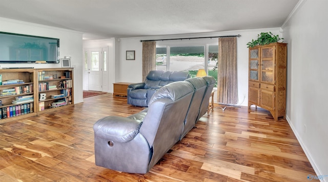 living room featuring ornamental molding and light wood-type flooring