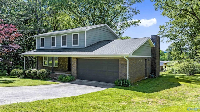 view of front facade with a garage, a porch, and a front yard