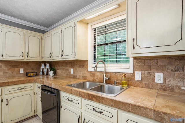 kitchen with black dishwasher, ornamental molding, backsplash, a sink, and tile countertops