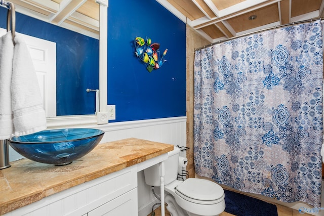 bathroom with vanity, toilet, curtained shower, and wainscoting