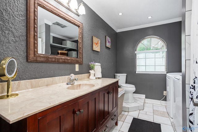 full bathroom featuring independent washer and dryer, crown molding, a textured wall, toilet, and vanity