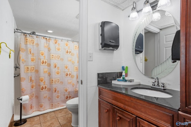 full bathroom with toilet, curtained shower, tile patterned flooring, and vanity