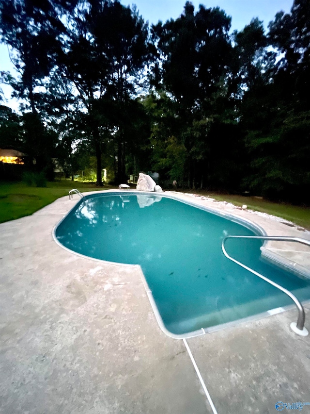 view of pool with a patio area and a diving board