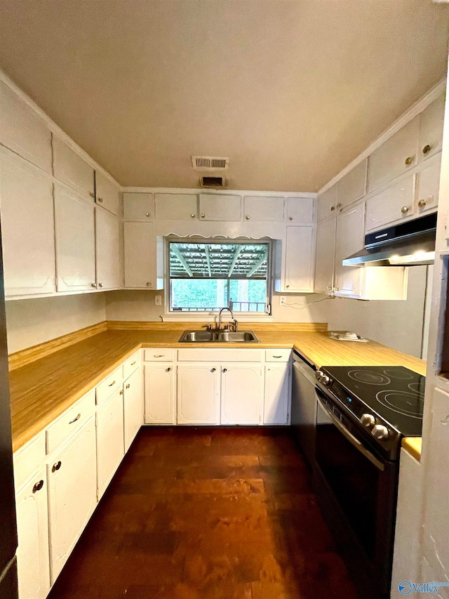 kitchen featuring white cabinets, dishwasher, black range with electric cooktop, and sink