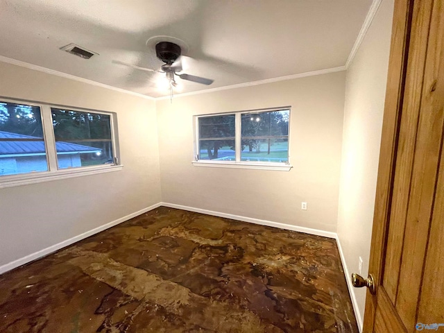 spare room featuring crown molding and ceiling fan