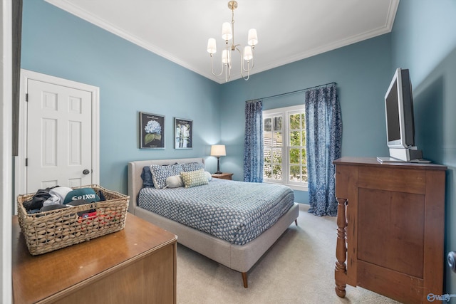 bedroom featuring an inviting chandelier, crown molding, and light carpet