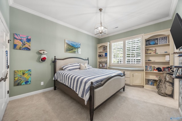 bedroom featuring ornamental molding, light colored carpet, and a chandelier