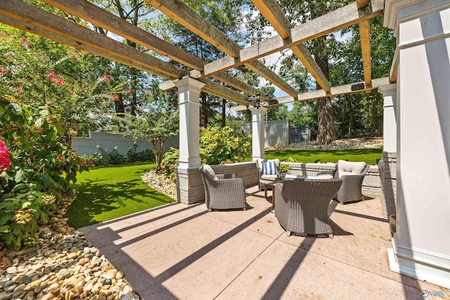 view of patio / terrace with outdoor lounge area and a pergola