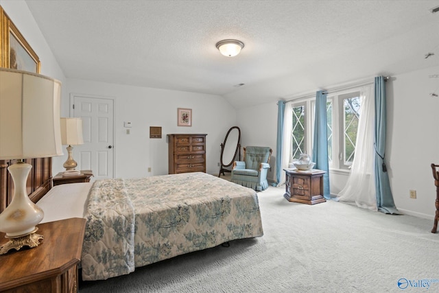 bedroom with lofted ceiling, a textured ceiling, and carpet flooring