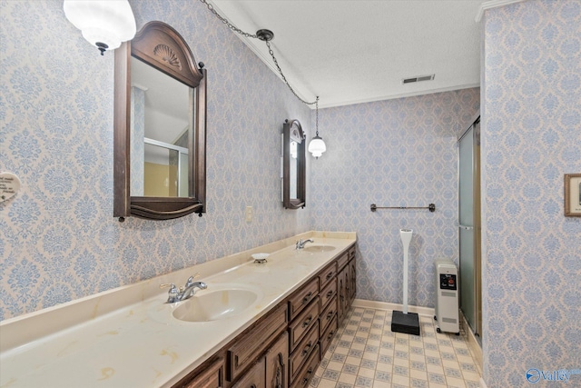 bathroom featuring vanity, a textured ceiling, and a shower with door