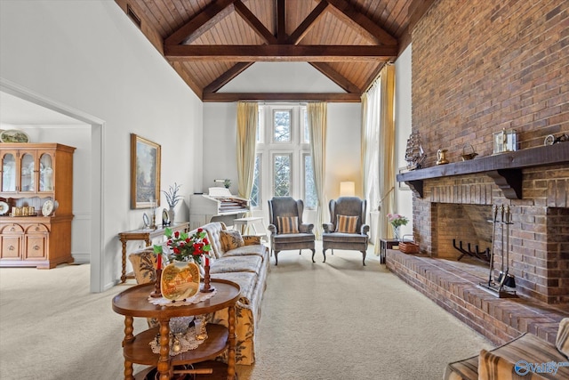 carpeted living room featuring a fireplace, wood ceiling, and high vaulted ceiling