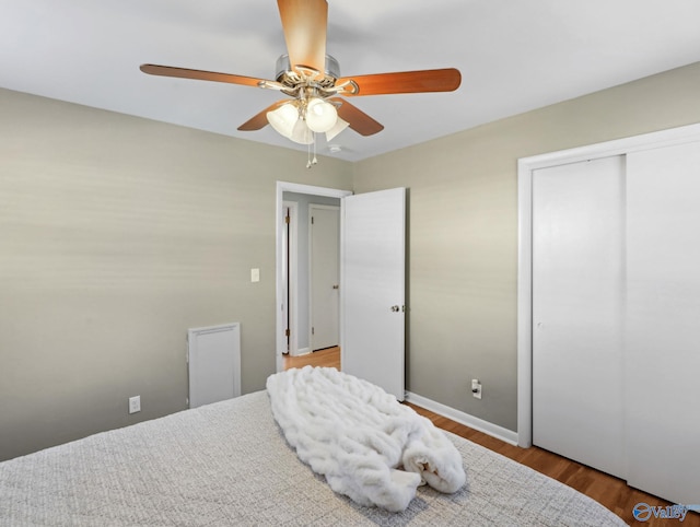 bedroom featuring ceiling fan, hardwood / wood-style floors, and a closet