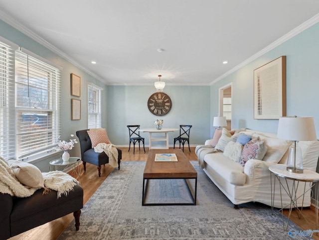 living room with crown molding and hardwood / wood-style floors