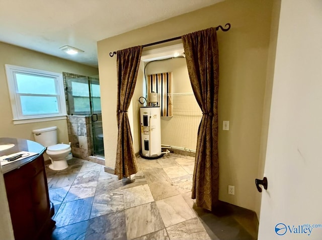 full bathroom featuring water heater, vanity, toilet, and a shower stall